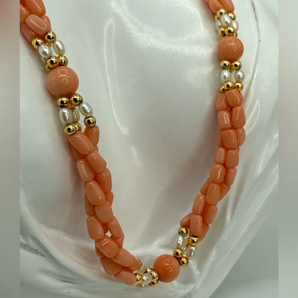 Vintage Angel Skin Coral & Freshwater Pearl 18” 3 Strand Twist Bead Gold Accents